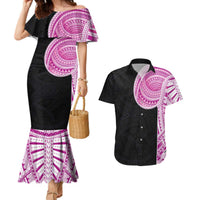 Samoan Art Tattoo Polynesian Pattern Couples Matching Mermaid Dress and Hawaiian Shirt Pink Out Color LT03 Black - Polynesian Pride
