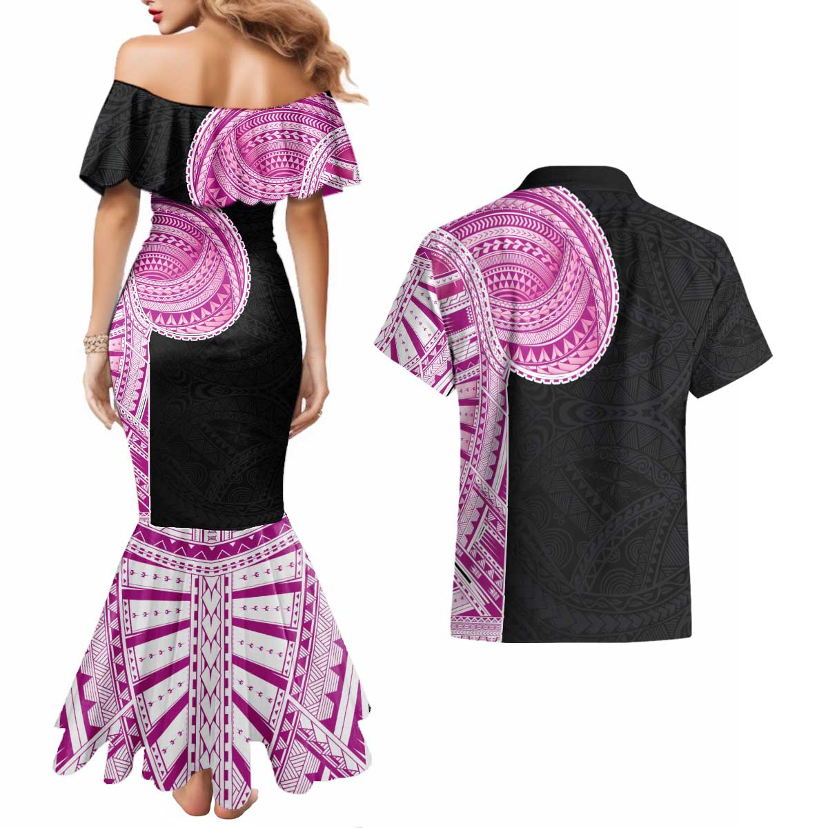 Samoan Art Tattoo Polynesian Pattern Couples Matching Mermaid Dress and Hawaiian Shirt Pink Out Color LT03 - Polynesian Pride