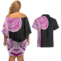 Samoan Art Tattoo Polynesian Pattern Couples Matching Off Shoulder Short Dress and Hawaiian Shirt Pink Out Color LT03 - Polynesian Pride