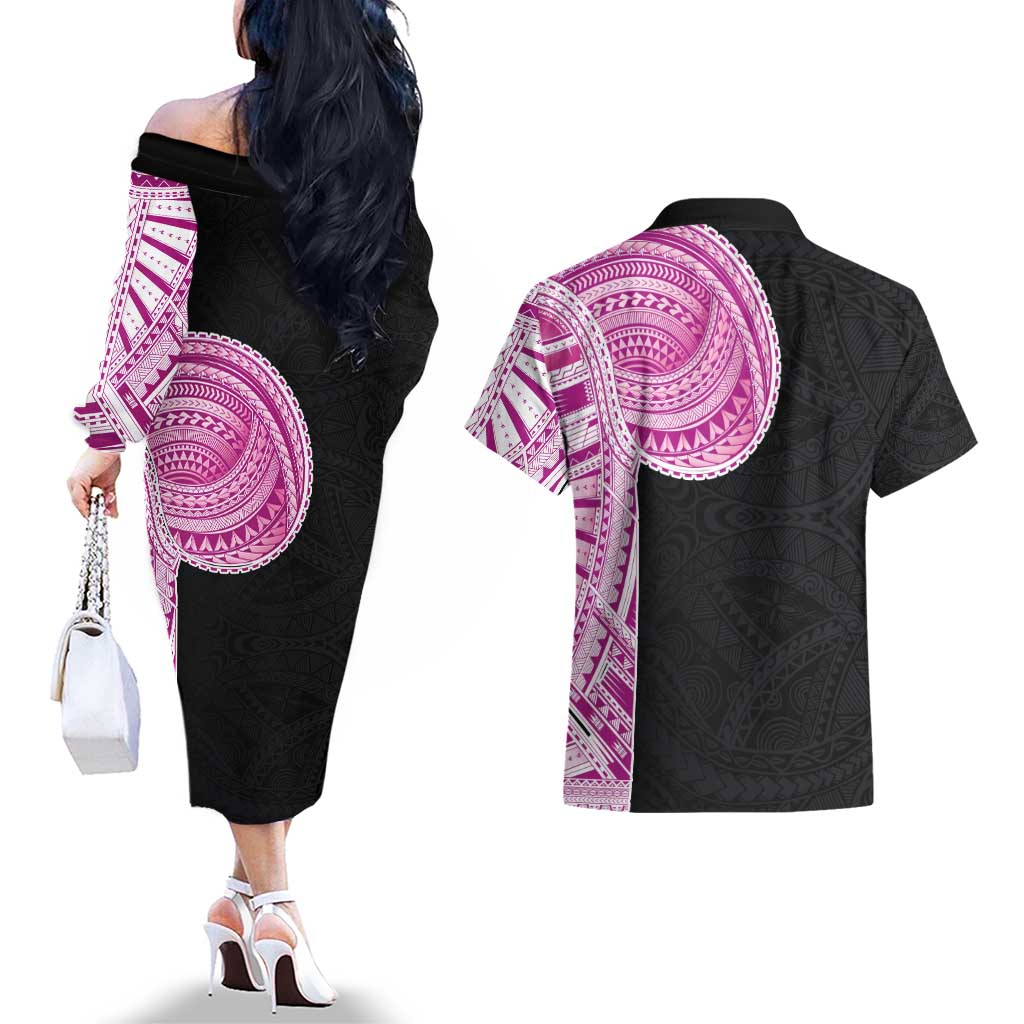 Samoan Art Tattoo Polynesian Pattern Couples Matching Off The Shoulder Long Sleeve Dress and Hawaiian Shirt Pink Out Color LT03 - Polynesian Pride