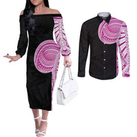 Samoan Art Tattoo Polynesian Pattern Couples Matching Off The Shoulder Long Sleeve Dress and Long Sleeve Button Shirt Pink Out Color LT03 Black - Polynesian Pride