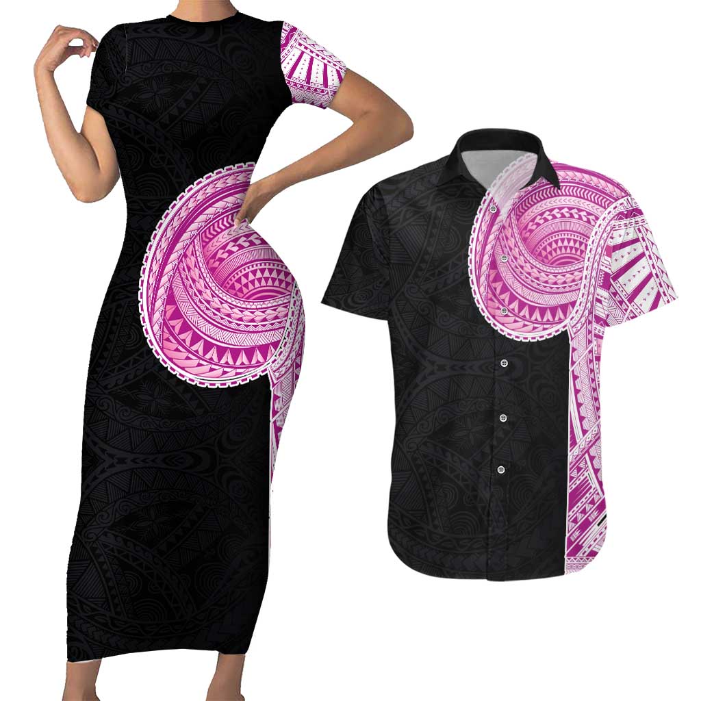 Samoan Art Tattoo Polynesian Pattern Couples Matching Short Sleeve Bodycon Dress and Hawaiian Shirt Pink Out Color LT03 Black - Polynesian Pride