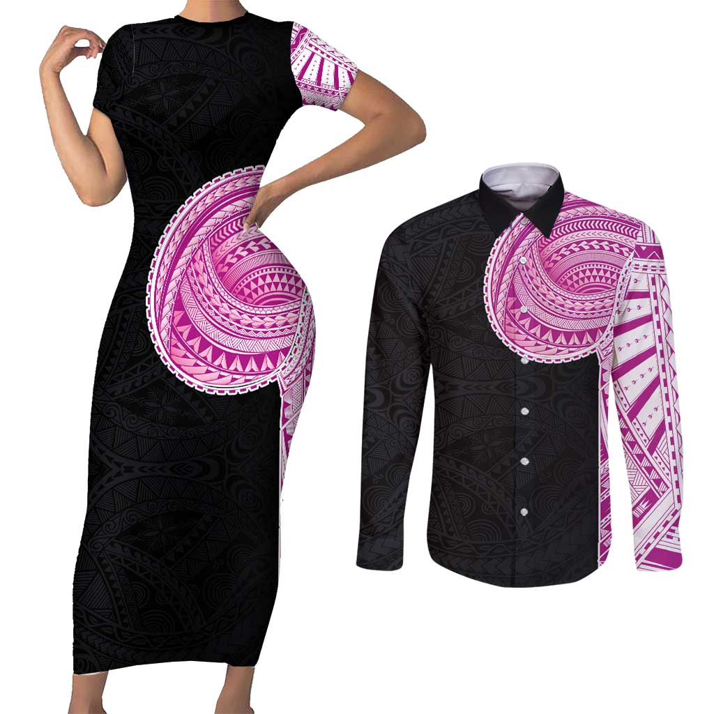 Samoan Art Tattoo Polynesian Pattern Couples Matching Short Sleeve Bodycon Dress and Long Sleeve Button Shirt Pink Out Color LT03 Black - Polynesian Pride