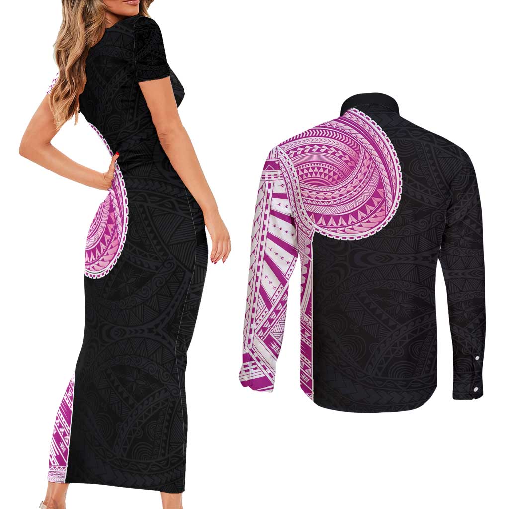 Samoan Art Tattoo Polynesian Pattern Couples Matching Short Sleeve Bodycon Dress and Long Sleeve Button Shirt Pink Out Color LT03 - Polynesian Pride