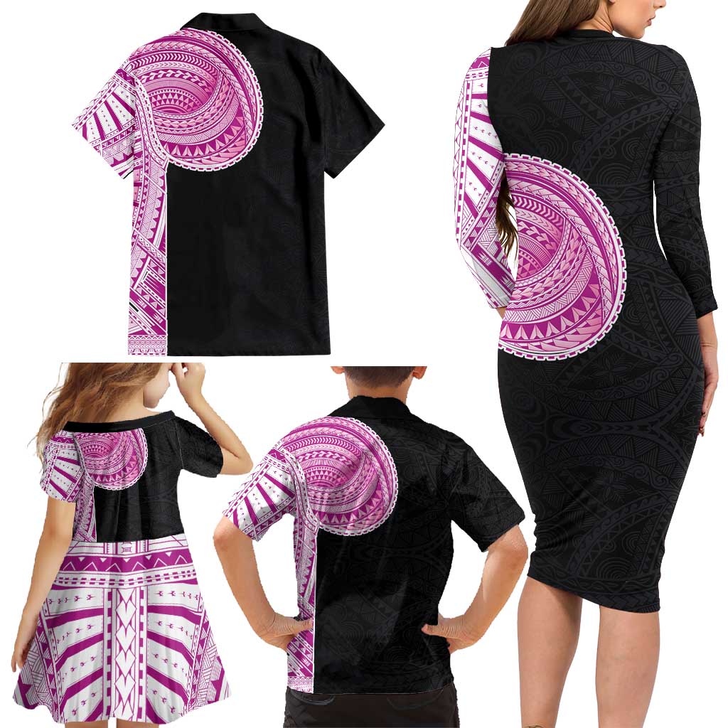 Samoan Art Tattoo Polynesian Pattern Family Matching Long Sleeve Bodycon Dress and Hawaiian Shirt Pink Out Color LT03 - Polynesian Pride