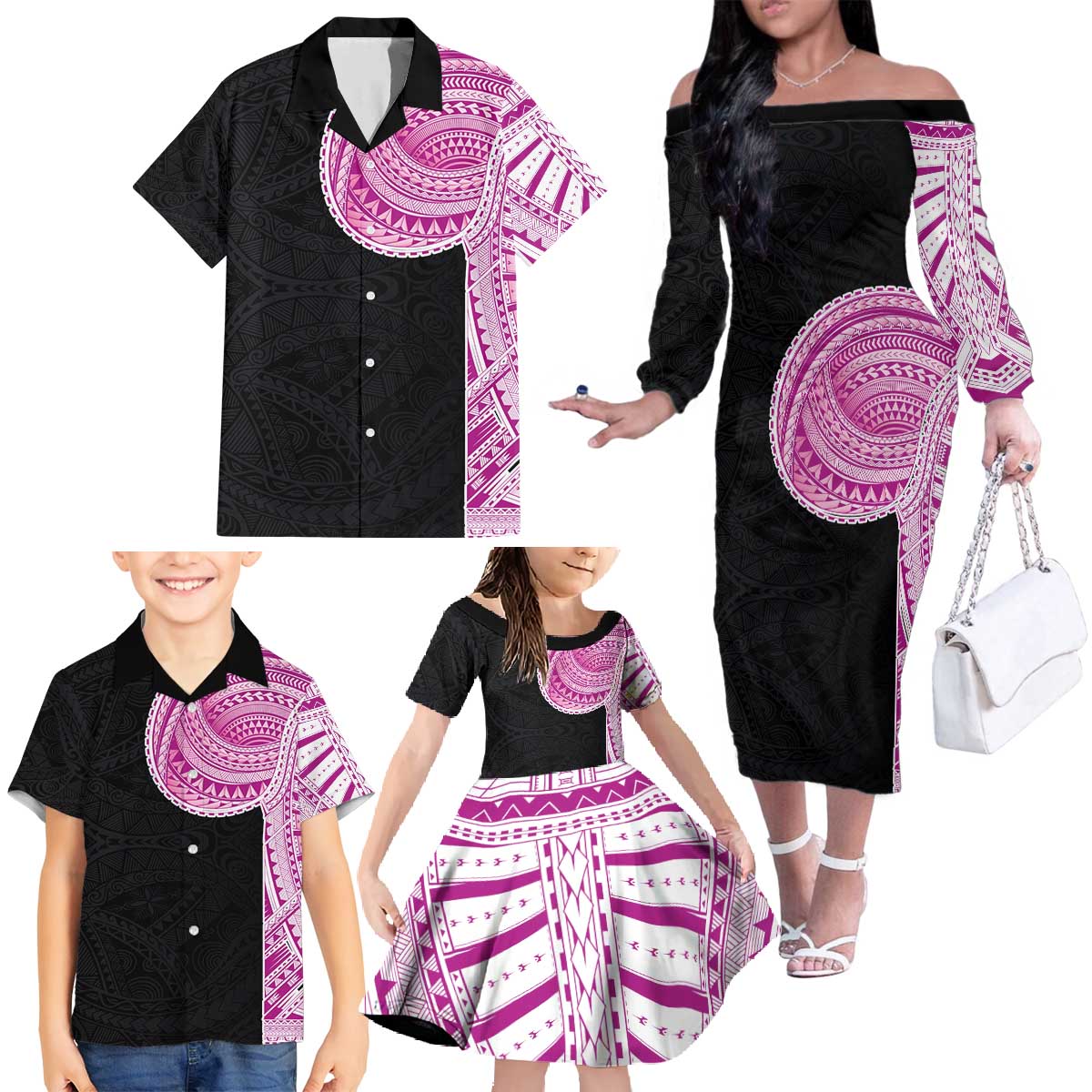 Samoan Art Tattoo Polynesian Pattern Family Matching Off The Shoulder Long Sleeve Dress and Hawaiian Shirt Pink Out Color LT03 - Polynesian Pride