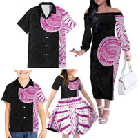 Samoan Art Tattoo Polynesian Pattern Family Matching Off The Shoulder Long Sleeve Dress and Hawaiian Shirt Pink Out Color LT03 - Polynesian Pride