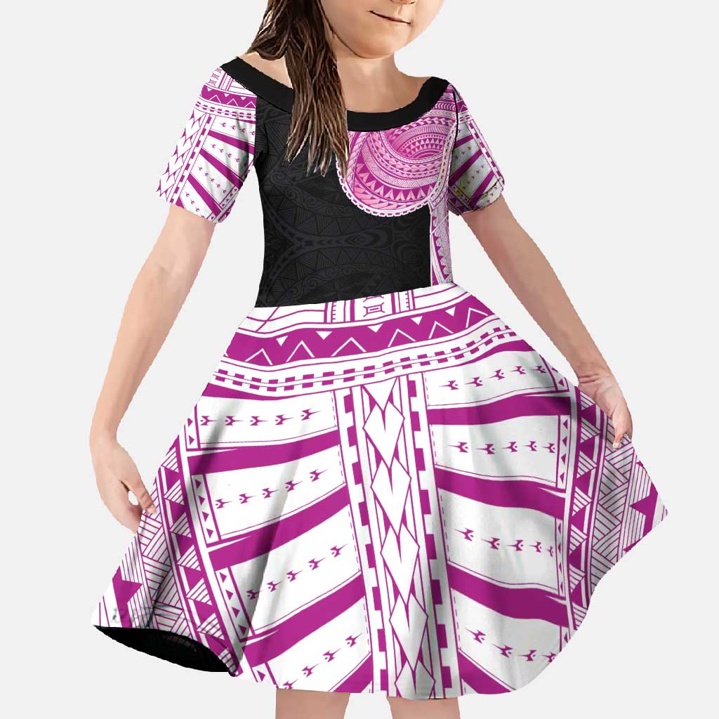 Samoan Art Tattoo Polynesian Pattern Family Matching Off Shoulder Maxi Dress and Hawaiian Shirt Pink Out Color LT03 Daughter's Dress Black - Polynesian Pride