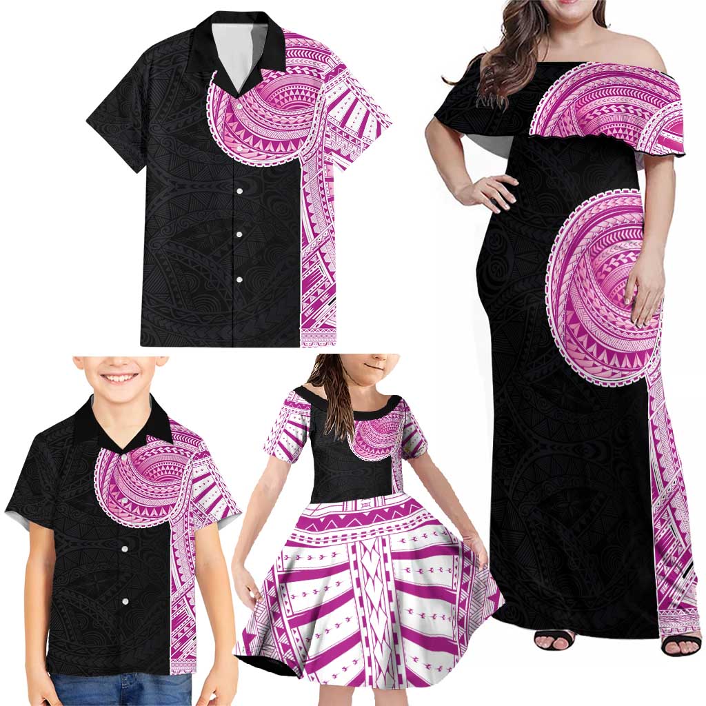 Samoan Art Tattoo Polynesian Pattern Family Matching Off Shoulder Maxi Dress and Hawaiian Shirt Pink Out Color LT03 - Polynesian Pride