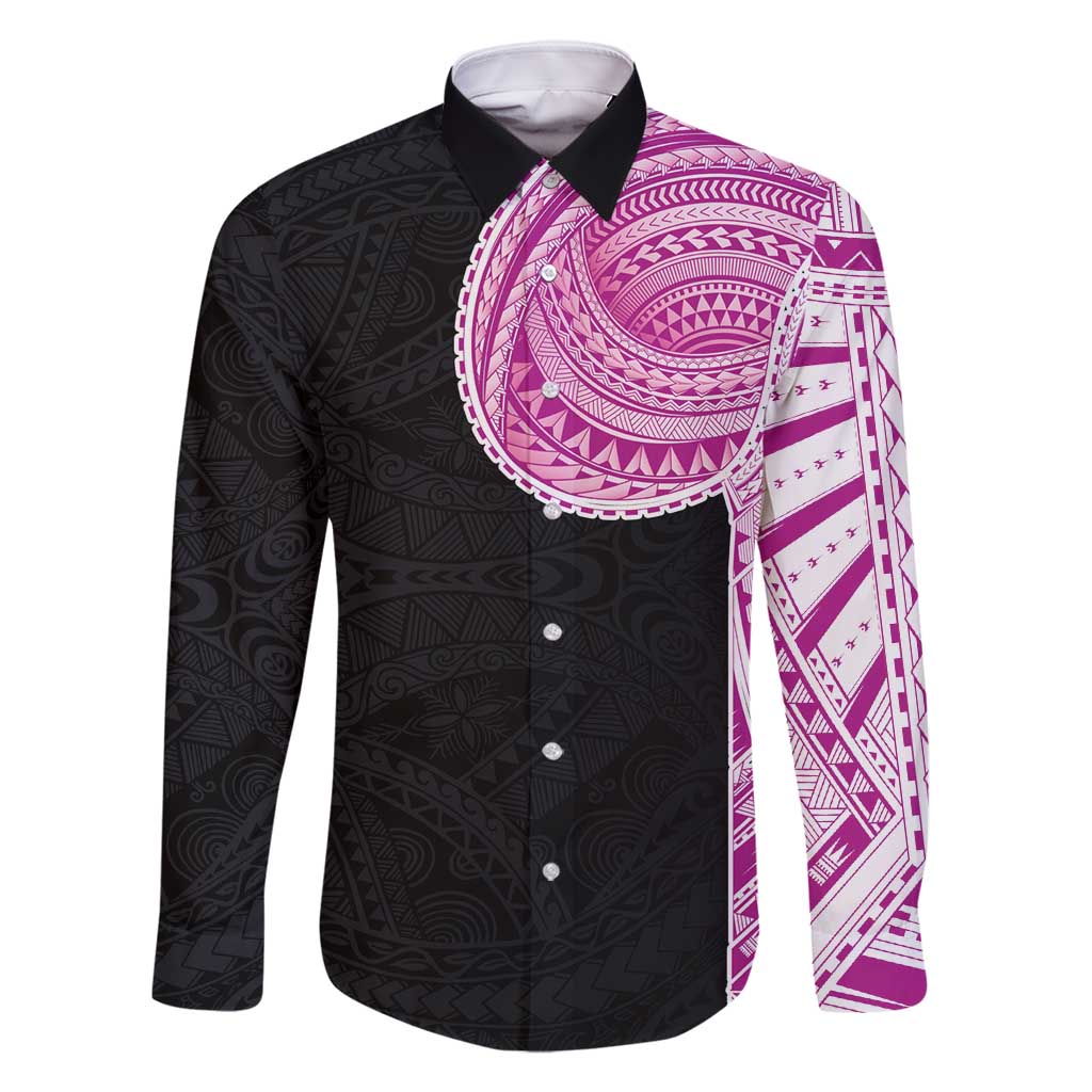 Samoan Art Tattoo Polynesian Pattern Family Matching Off Shoulder Maxi Dress and Hawaiian Shirt Pink Out Color LT03 Dad's Shirt - Long Sleeve Black - Polynesian Pride