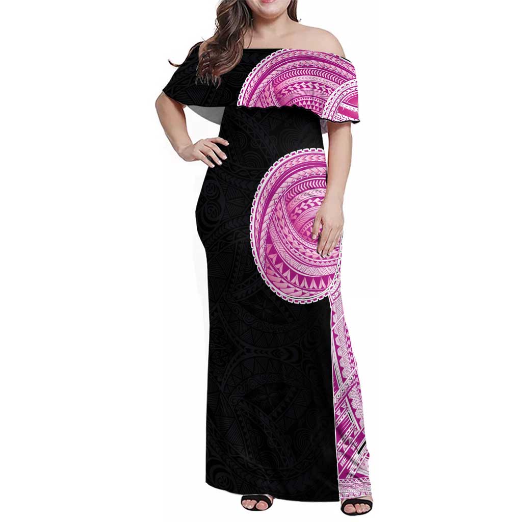 Samoan Art Tattoo Polynesian Pattern Family Matching Off Shoulder Maxi Dress and Hawaiian Shirt Pink Out Color LT03 Mom's Dress Black - Polynesian Pride