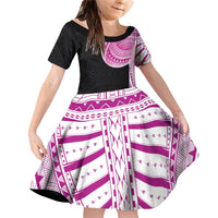 Samoan Art Tattoo Polynesian Pattern Family Matching Off Shoulder Short Dress and Hawaiian Shirt Pink Out Color LT03 Daughter's Dress Black - Polynesian Pride