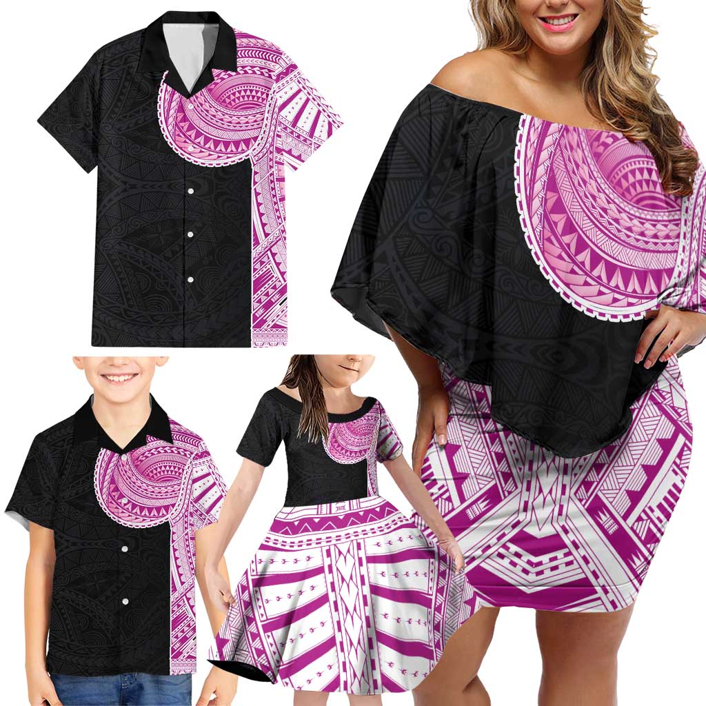 Samoan Art Tattoo Polynesian Pattern Family Matching Off Shoulder Short Dress and Hawaiian Shirt Pink Out Color LT03 - Polynesian Pride