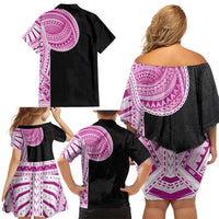 Samoan Art Tattoo Polynesian Pattern Family Matching Off Shoulder Short Dress and Hawaiian Shirt Pink Out Color LT03 - Polynesian Pride