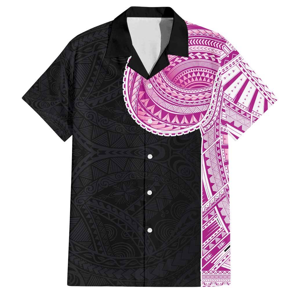 Samoan Art Tattoo Polynesian Pattern Family Matching Off Shoulder Short Dress and Hawaiian Shirt Pink Out Color LT03 Dad's Shirt - Short Sleeve Black - Polynesian Pride