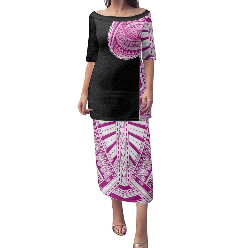 Samoan Art Tattoo Polynesian Pattern Family Matching Puletasi and Hawaiian Shirt Pink Out Color LT03 Mom's Dress Black - Polynesian Pride