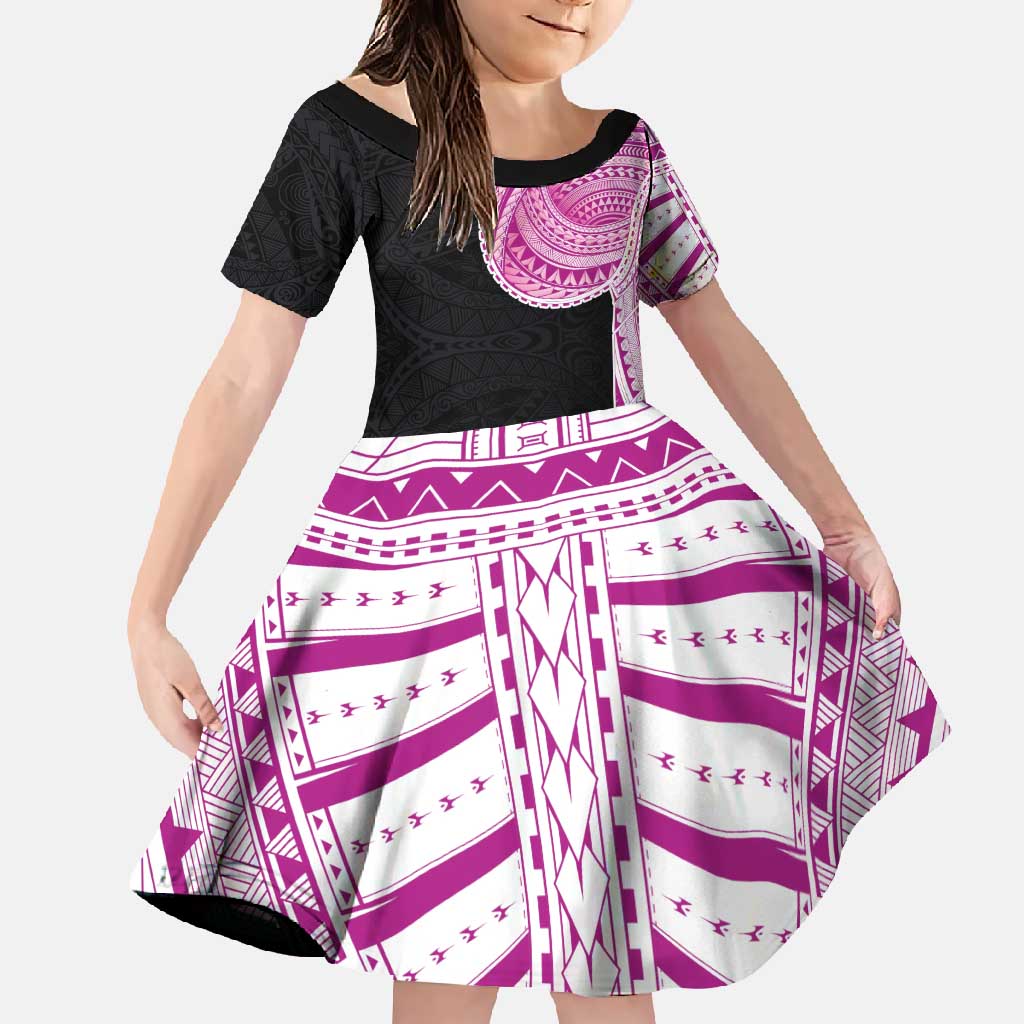 Samoan Art Tattoo Polynesian Pattern Family Matching Summer Maxi Dress and Hawaiian Shirt Pink Out Color LT03 Daughter's Dress Black - Polynesian Pride