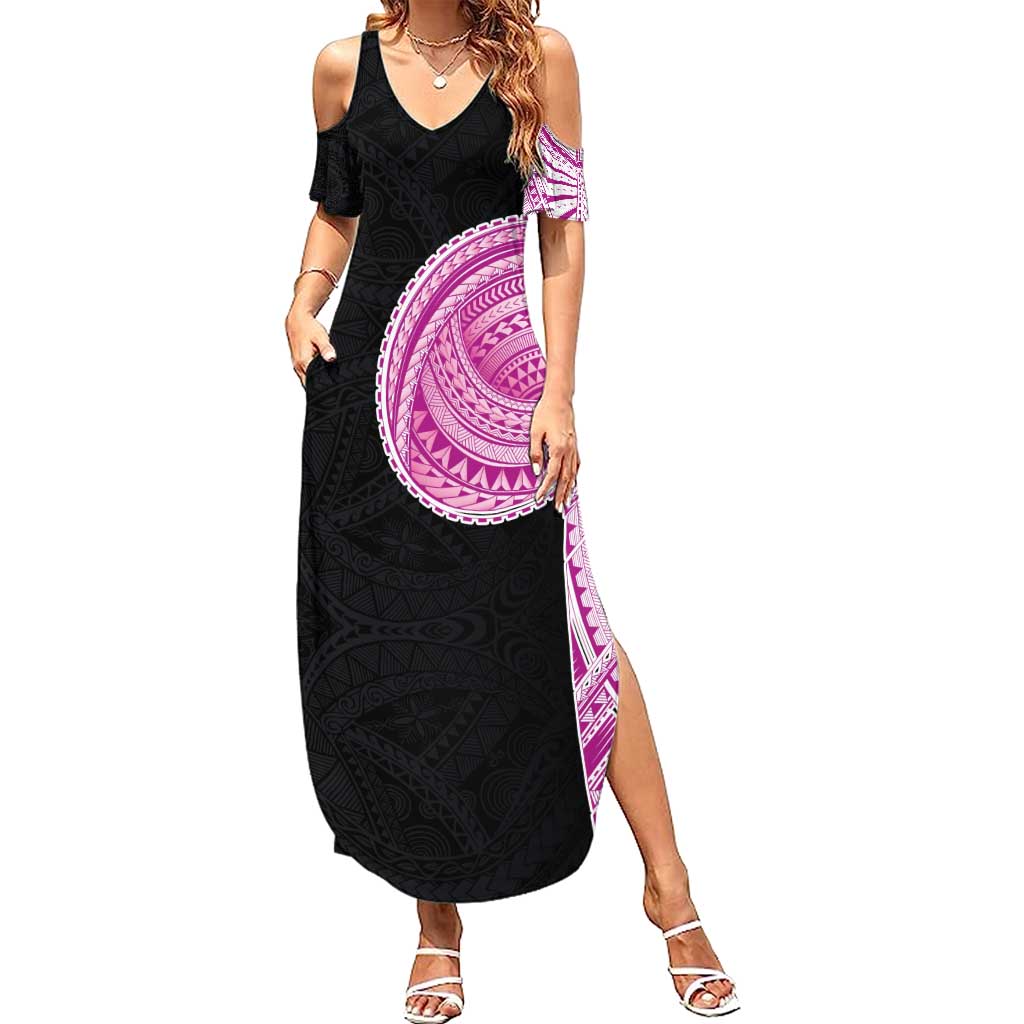 Samoan Art Tattoo Polynesian Pattern Family Matching Summer Maxi Dress and Hawaiian Shirt Pink Out Color LT03 Mom's Dress Black - Polynesian Pride