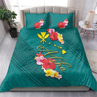 Aloha Kanaka Maoli Hawaii Flowers Bedding Set With Polynesian Pattern Teal Color