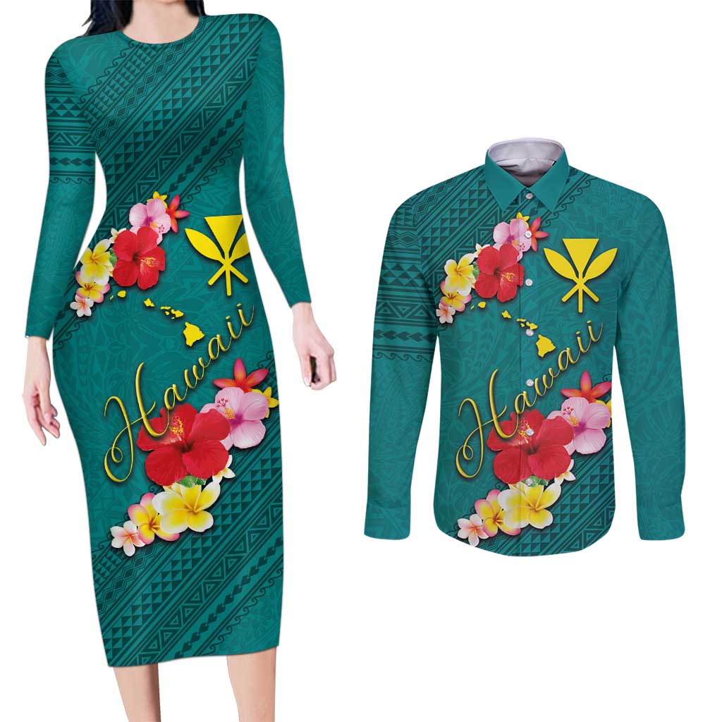 Aloha Kanaka Maoli Hawaii Flowers Couples Matching Long Sleeve Bodycon Dress and Long Sleeve Button Shirt With Polynesian Pattern Teal Color LT03 Teal - Polynesian Pride