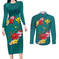 Aloha Kanaka Maoli Hawaii Flowers Couples Matching Long Sleeve Bodycon Dress and Long Sleeve Button Shirt With Polynesian Pattern Teal Color LT03 Teal - Polynesian Pride