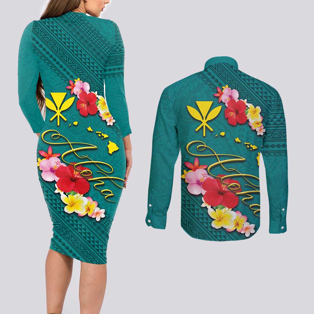 Aloha Kanaka Maoli Hawaii Flowers Couples Matching Long Sleeve Bodycon Dress and Long Sleeve Button Shirt With Polynesian Pattern Teal Color LT03 - Polynesian Pride