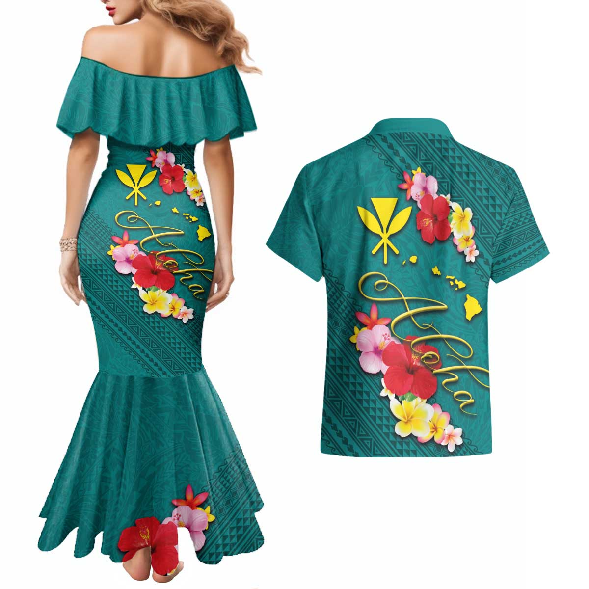 Aloha Kanaka Maoli Hawaii Flowers Couples Matching Mermaid Dress and Hawaiian Shirt With Polynesian Pattern Teal Color LT03 - Polynesian Pride