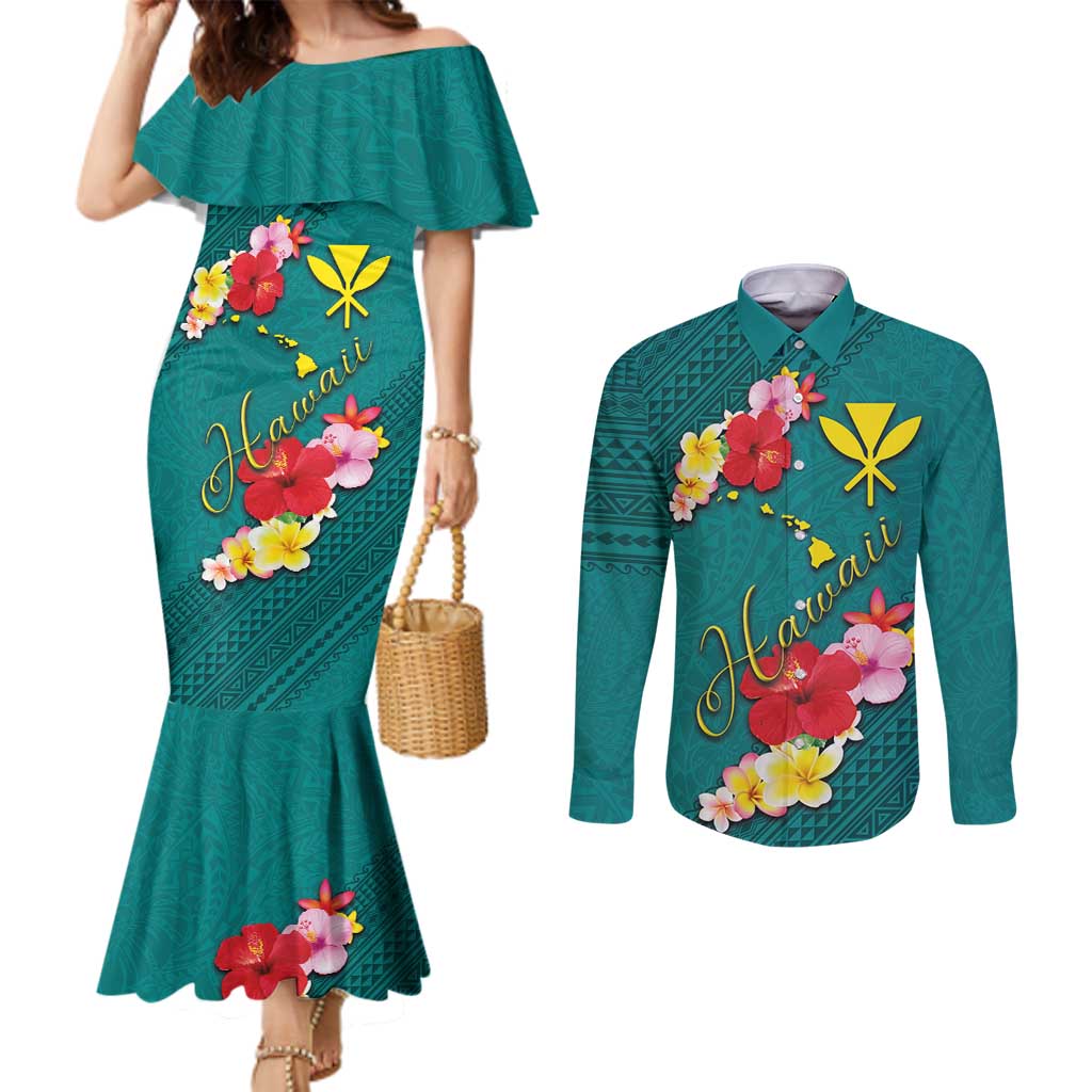 Aloha Kanaka Maoli Hawaii Flowers Couples Matching Mermaid Dress and Long Sleeve Button Shirt With Polynesian Pattern Teal Color
