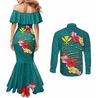 Aloha Kanaka Maoli Hawaii Flowers Couples Matching Mermaid Dress and Long Sleeve Button Shirt With Polynesian Pattern Teal Color LT03 - Polynesian Pride