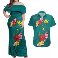 Aloha Kanaka Maoli Hawaii Flowers Couples Matching Off Shoulder Maxi Dress and Hawaiian Shirt With Polynesian Pattern Teal Color LT03 Teal - Polynesian Pride