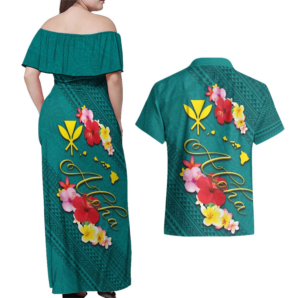 Aloha Kanaka Maoli Hawaii Flowers Couples Matching Off Shoulder Maxi Dress and Hawaiian Shirt With Polynesian Pattern Teal Color LT03 - Polynesian Pride
