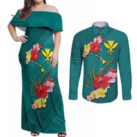 Aloha Kanaka Maoli Hawaii Flowers Couples Matching Off Shoulder Maxi Dress and Long Sleeve Button Shirt With Polynesian Pattern Teal Color LT03 Teal - Polynesian Pride