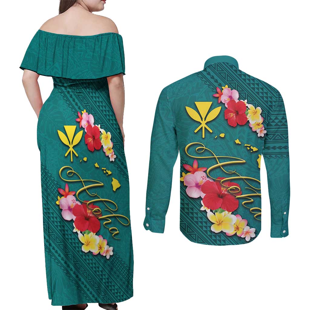 Aloha Kanaka Maoli Hawaii Flowers Couples Matching Off Shoulder Maxi Dress and Long Sleeve Button Shirt With Polynesian Pattern Teal Color LT03 - Polynesian Pride