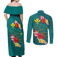Aloha Kanaka Maoli Hawaii Flowers Couples Matching Off Shoulder Maxi Dress and Long Sleeve Button Shirt With Polynesian Pattern Teal Color LT03 - Polynesian Pride