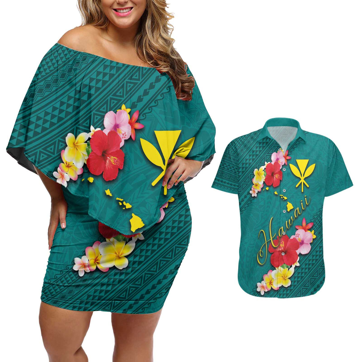 Aloha Kanaka Maoli Hawaii Flowers Couples Matching Off Shoulder Short Dress and Hawaiian Shirt With Polynesian Pattern Teal Color LT03 Teal - Polynesian Pride