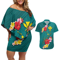 Aloha Kanaka Maoli Hawaii Flowers Couples Matching Off Shoulder Short Dress and Hawaiian Shirt With Polynesian Pattern Teal Color LT03 Teal - Polynesian Pride