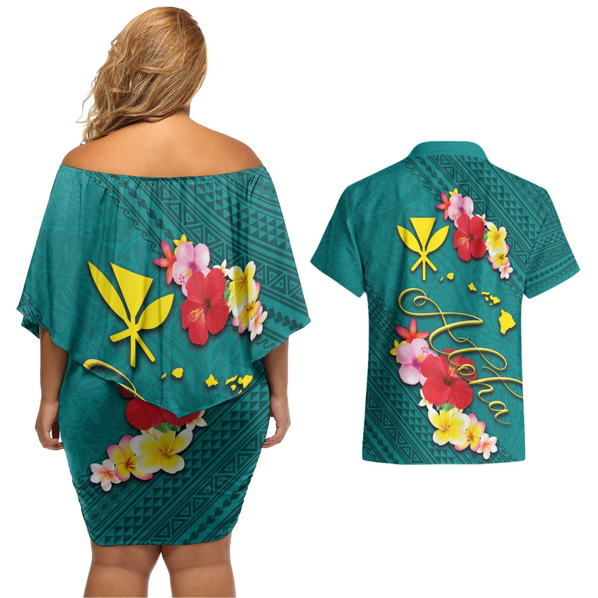Aloha Kanaka Maoli Hawaii Flowers Couples Matching Off Shoulder Short Dress and Hawaiian Shirt With Polynesian Pattern Teal Color LT03 - Polynesian Pride