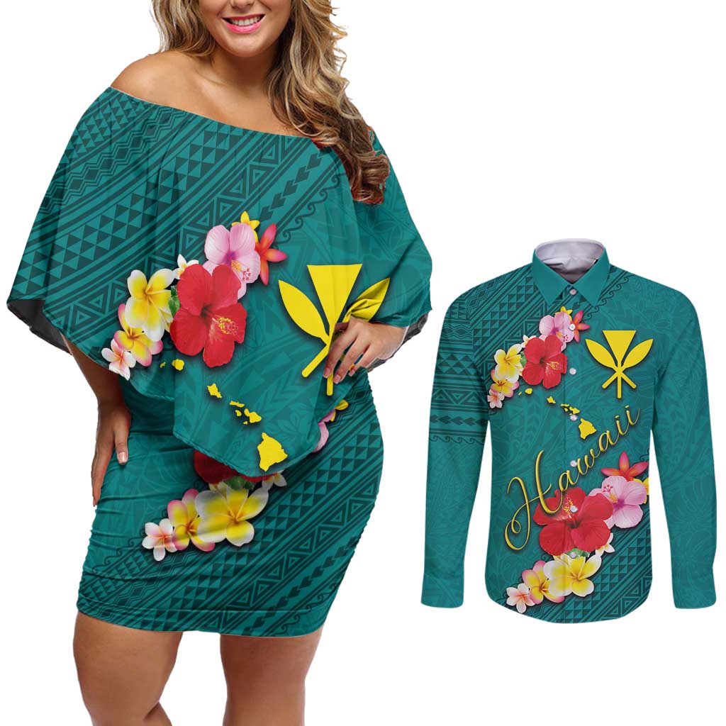 Aloha Kanaka Maoli Hawaii Flowers Couples Matching Off Shoulder Short Dress and Long Sleeve Button Shirt With Polynesian Pattern Teal Color LT03 Teal - Polynesian Pride