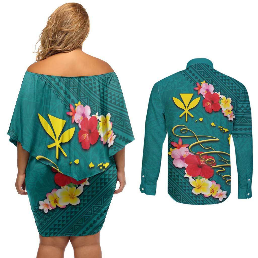 Aloha Kanaka Maoli Hawaii Flowers Couples Matching Off Shoulder Short Dress and Long Sleeve Button Shirt With Polynesian Pattern Teal Color LT03 - Polynesian Pride