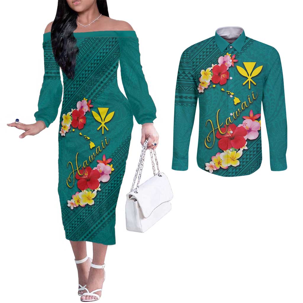 Aloha Kanaka Maoli Hawaii Flowers Couples Matching Off The Shoulder Long Sleeve Dress and Long Sleeve Button Shirt With Polynesian Pattern Teal Color LT03 Teal - Polynesian Pride
