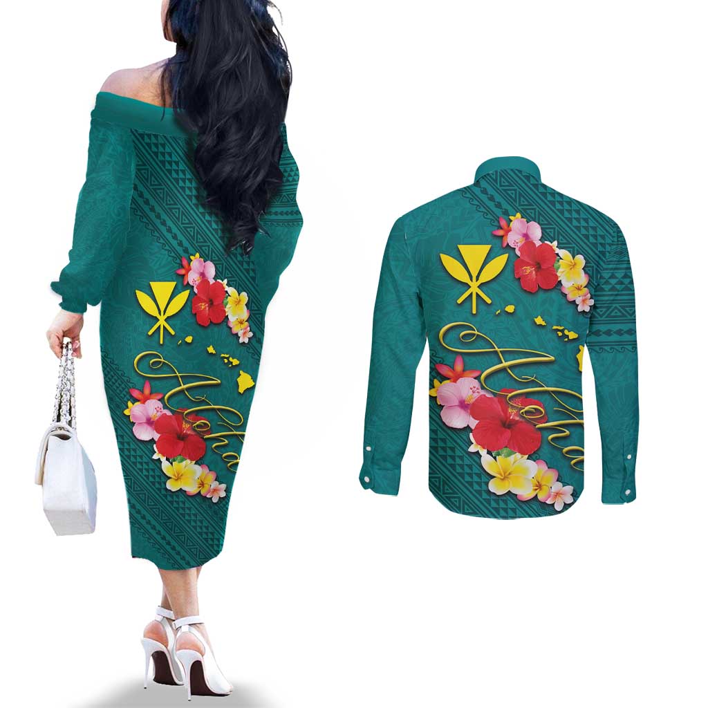 Aloha Kanaka Maoli Hawaii Flowers Couples Matching Off The Shoulder Long Sleeve Dress and Long Sleeve Button Shirt With Polynesian Pattern Teal Color LT03 - Polynesian Pride