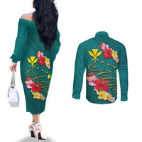 Aloha Kanaka Maoli Hawaii Flowers Couples Matching Off The Shoulder Long Sleeve Dress and Long Sleeve Button Shirt With Polynesian Pattern Teal Color LT03 - Polynesian Pride