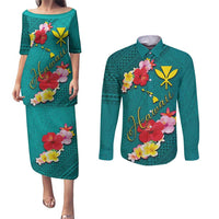 Aloha Kanaka Maoli Hawaii Flowers Couples Matching Puletasi and Long Sleeve Button Shirt With Polynesian Pattern Teal Color LT03 Teal - Polynesian Pride