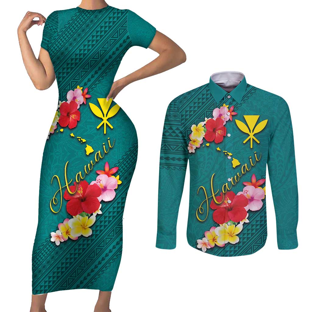 Aloha Kanaka Maoli Hawaii Flowers Couples Matching Short Sleeve Bodycon Dress and Long Sleeve Button Shirt With Polynesian Pattern Teal Color LT03 Teal - Polynesian Pride