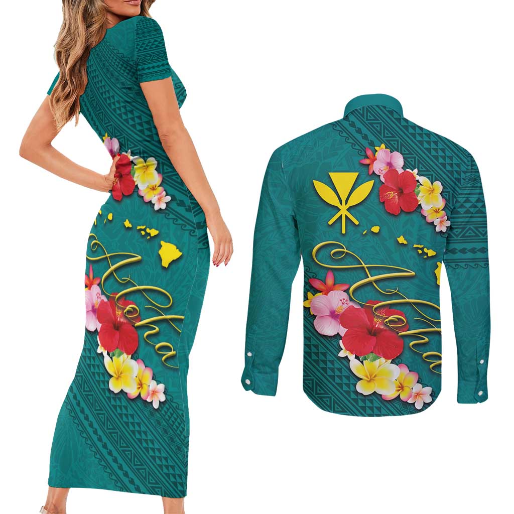 Aloha Kanaka Maoli Hawaii Flowers Couples Matching Short Sleeve Bodycon Dress and Long Sleeve Button Shirt With Polynesian Pattern Teal Color LT03 - Polynesian Pride