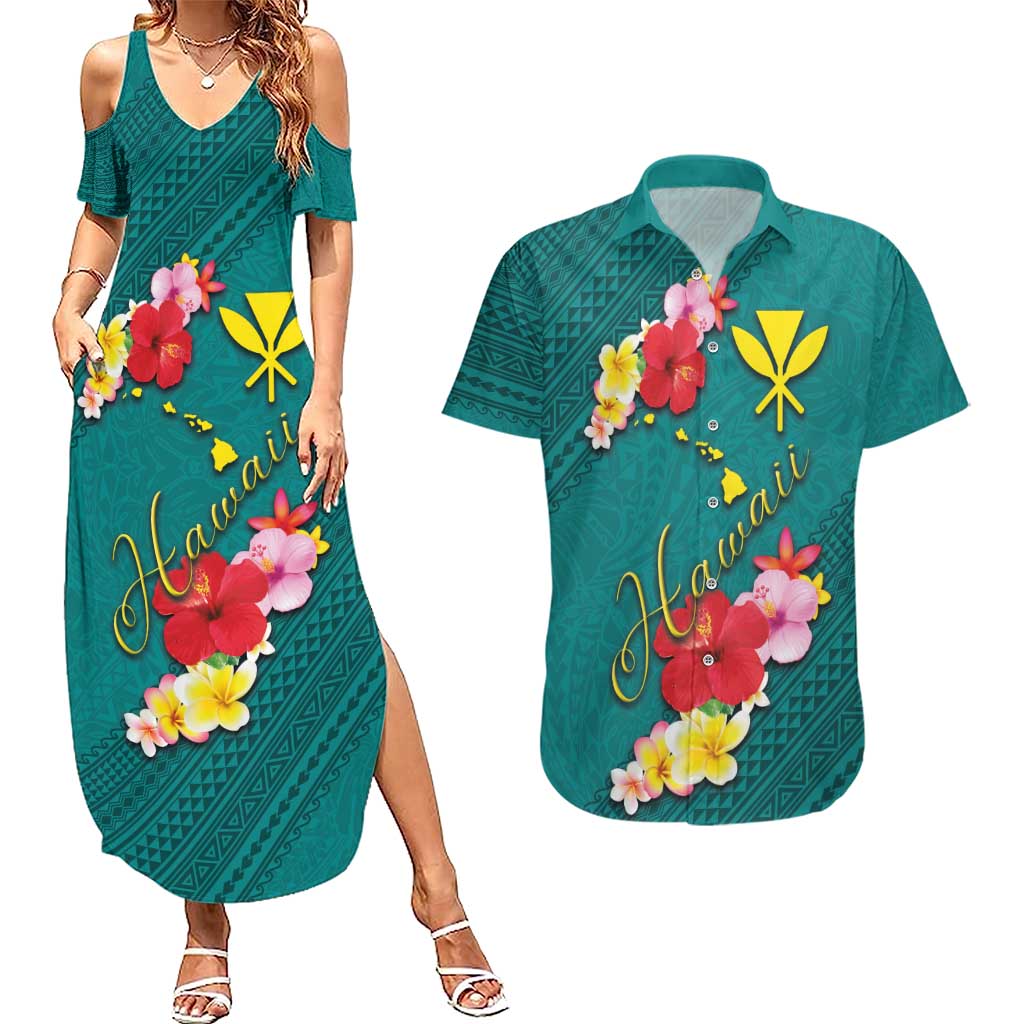 Aloha Kanaka Maoli Hawaii Flowers Couples Matching Summer Maxi Dress and Hawaiian Shirt With Polynesian Pattern Teal Color LT03 Teal - Polynesian Pride