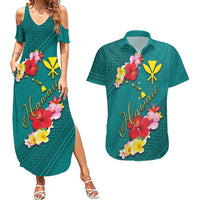 Aloha Kanaka Maoli Hawaii Flowers Couples Matching Summer Maxi Dress and Hawaiian Shirt With Polynesian Pattern Teal Color LT03 Teal - Polynesian Pride