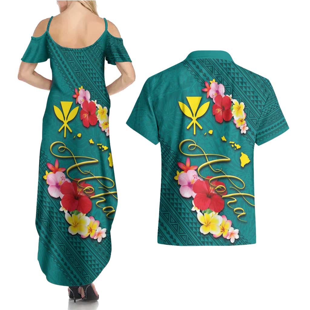 Aloha Kanaka Maoli Hawaii Flowers Couples Matching Summer Maxi Dress and Hawaiian Shirt With Polynesian Pattern Teal Color LT03 - Polynesian Pride