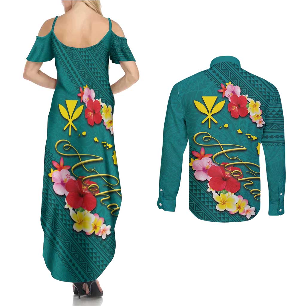 Aloha Kanaka Maoli Hawaii Flowers Couples Matching Summer Maxi Dress and Long Sleeve Button Shirt With Polynesian Pattern Teal Color LT03 - Polynesian Pride