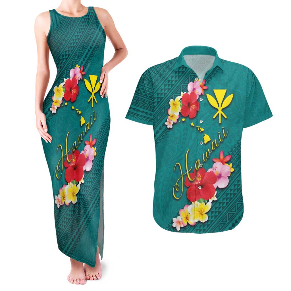 Aloha Kanaka Maoli Hawaii Flowers Couples Matching Tank Maxi Dress and Hawaiian Shirt With Polynesian Pattern Teal Color LT03 Teal - Polynesian Pride